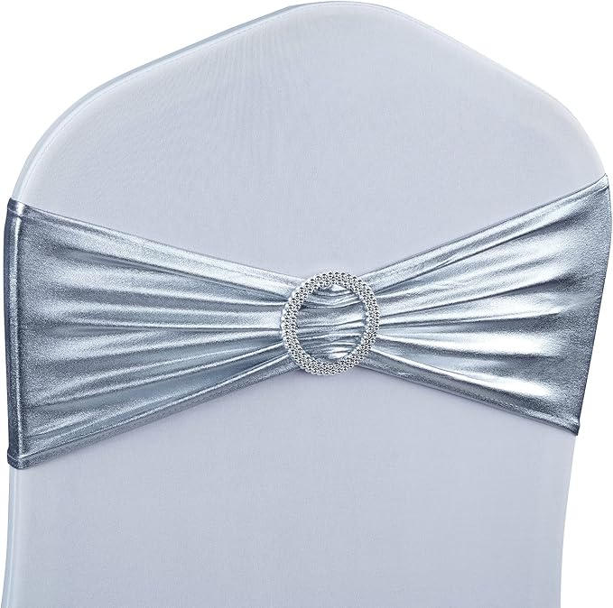 LEBENGURU Metallic Silver Stretch Chair Sashes 50pcs with Buckle Slider by LEBENGURU