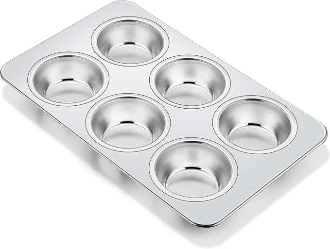 Homikit 1 Pack Stainless Steel Muffin Pan, 6-Cup, Regular Size, Non Toxic | Metal Cupcake Tray for Toaster Oven, Muffin Baking Tins for Egg Bites, Nonstick, Rust Free, Easy Release, Dishwasher Safe by Homikit
