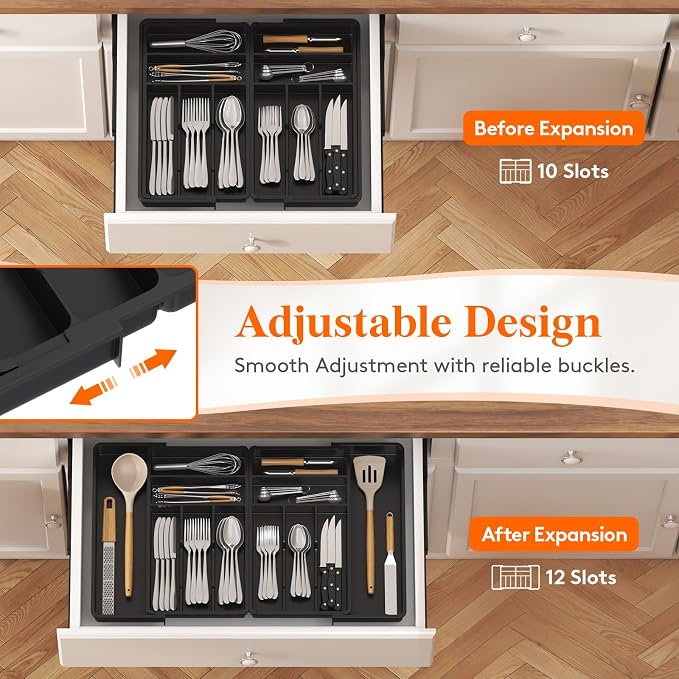 Lifewit Silverware Drawer Organizer, Expandable Plastic Utensil Tray | BPA Free Plastic Cutlery Kitchen Holder, Adjustable Flatware Storage for Spoons Forks Knives, 18- 28 x 16.7", Black - Image 3