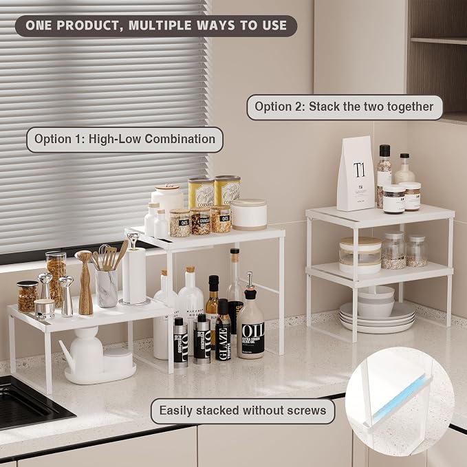 Kitchen Counter Oganizer Stackable Spice Rack for Countertop Kitchen Countertop Organizer Heavy Duty Kitchen Counter Shelf Metal Spicy Shelf for Countertop (2 Pack, White) - Image 3