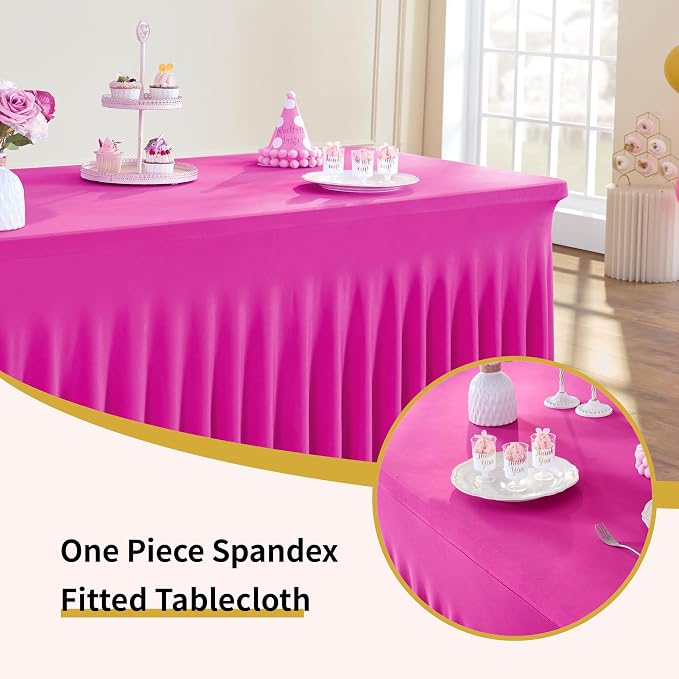 Outpain 8ft Spandex Table Cloth for Standard Folding Tables-2Pack Hot Pink Table Cloth Table Protector for Party, Wedding, Cocktail, Banquet, Festival - Image 2