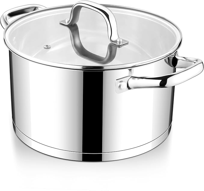 E-far Stainless Steel Stock Pot, 8 Quart Pot with Glass Lid for Soup Pasta by E-far