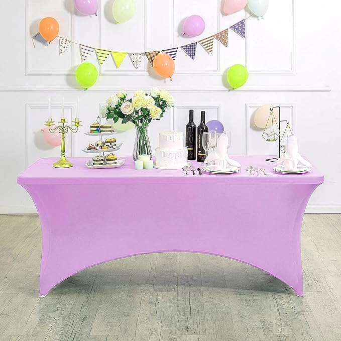 MDS® Pack of 12 Spandex Tablecloth 8FT Tight Fitted Stretch Table Cover – Washable Wrinkle-Free Reusable Elastic Patio Tablecloth for Wedding, Party, Banquet, Trade Show, Event Décor - Light Purple - Image 3