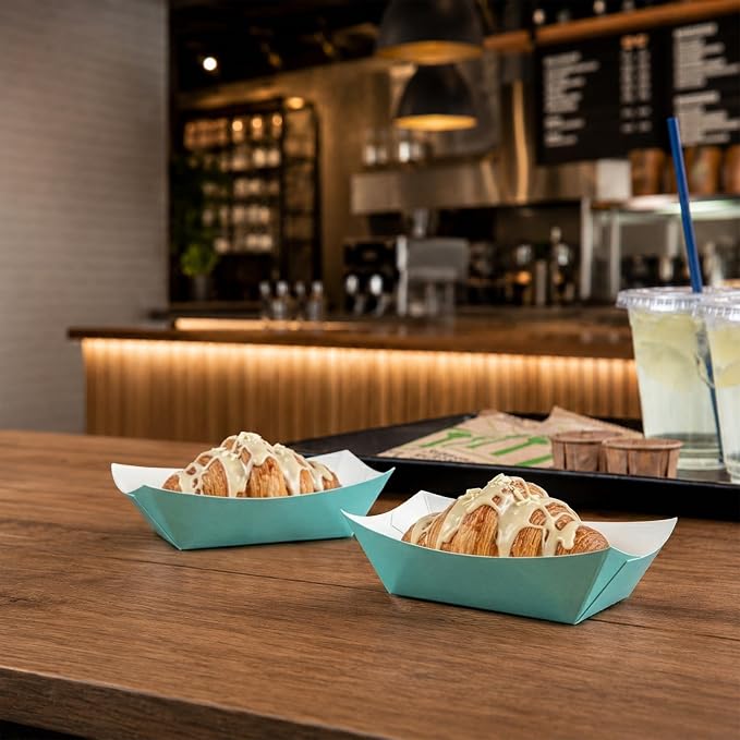 Restaurantware-Bio Tek 6 Ounce Boat Paper Boats, 400 Disposable #40 Food Trays - PE Lining, Durable, Turquoise Paper Food Baskets, For Concession Stands, Picnics, or Fairs, Stackable - Image 4