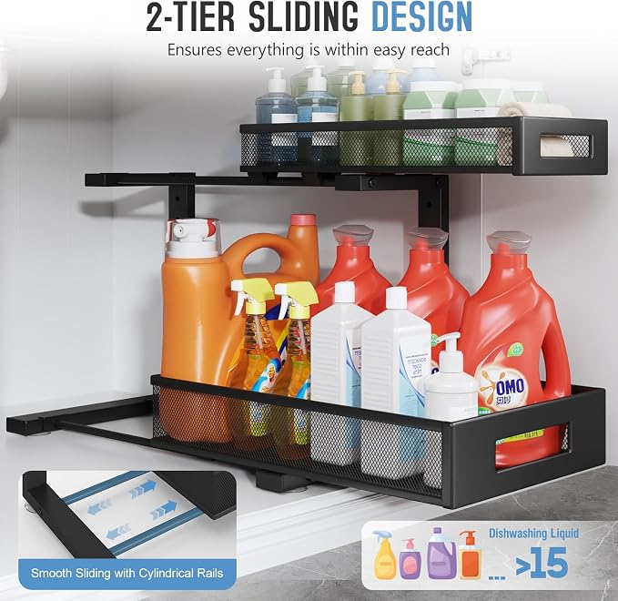 2 Pack 17IN Depth Under Sink Storage Organizer, Large 2-Tier Elegant Mesh Pull Out Shelf for Kitchen and Bathroom Cabinet Organization, L-Shaped and Adjustable Height Design-Black - Image 4
