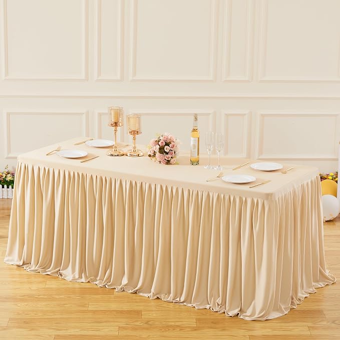 Wish Care Deep Champagne Polyester Table Clothes for 8 Foot Rectangle Tables, Wrinkle Free Fitted Table Cover with Pleated Ruffle Table Skirt for Birthday Party Wedding Trade Show Event Display - Image 3