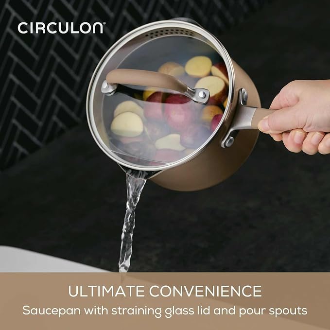 Circulon A1 Series with ScratchDefense Technology Nonstick Induction Pots and Pans, Metal Utensil Safe, Includes Splatter Guard, Slotted Turner and Silicone Trivets, 10 Piece Cookware Set - Champagne - Image 8