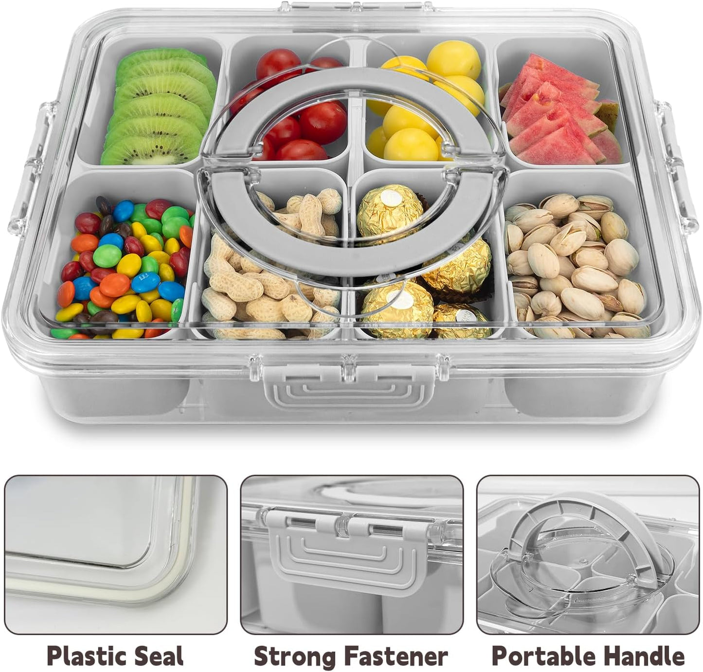 Divided Serving Tray with Lid and Handle,8 Compartments Snacks Box,Snack Fruit and Veggie Tray,Portable Platter for Candy Fruits Nuts Snack Party Entertaining Picnic (1 PCS Grey)