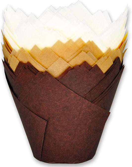 (JUMBO EXTRA LARGE size) Natural+Brown+White Tulip Baking Cups 2-1/4"(Base diameter) x 3-3/4"(Wall height) Greaseproof paper baking cupcake Muffin liners, Case of 130 pcs by MyBakning
