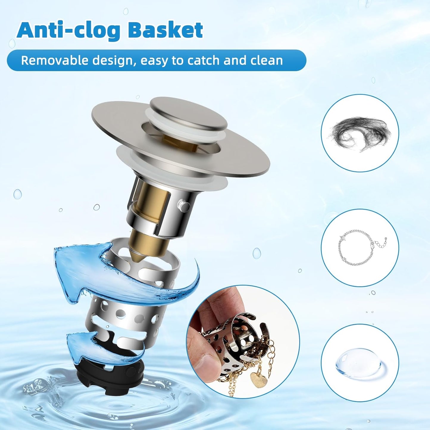 Universal Bathroom Sink Stopper Hair Catcher Upgraded with 2-Layer Detachable Filter Basket, 2PCS 4 in 1 Pop Up Drain Strainer, Anti-Clog, Odor-Block, Fit for 1.1''~2.36'' Sinks, Brushed Nickel