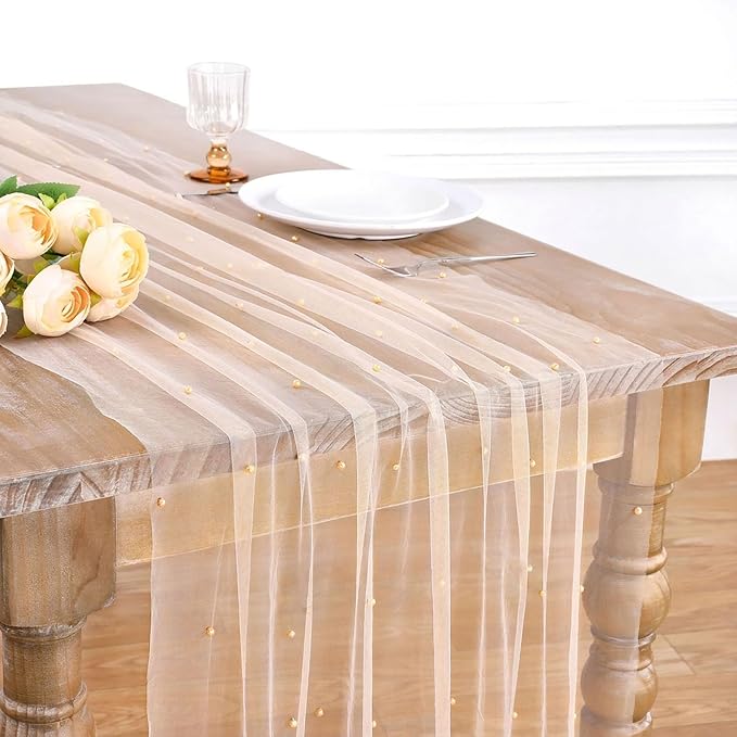 6 Pieces Pearl Tulle Table Runner 10ft Gauze Runners Champagne Desktop by LuoluoHouse