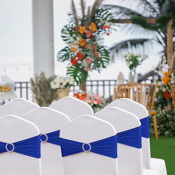 Spandex Royal Blue Chair Sashes 100 Pack Wedding Chair Bands with Buckles Dark Blue Chairs Bows for Party Birthday Bridal Baby Shower Engagement Anniversary Banquet Events Decorations - Image 5