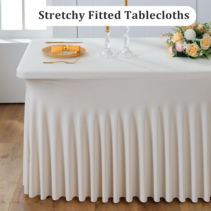 6 Pack Beige Spandex Table Clothes for 8 Foot Rectangle Tables, Wrinkle Free Fitted Table Cover 8ft Stretch Tablecloths Desk Skirt for Parties Weddings Birthday Banquet Baby Shower - Image 2