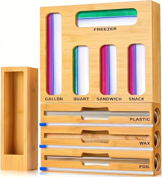 LDQ 9-in-1 Shatterproof Square Bamboo Storage Box - Aluminum Foil Dispensr with Cutter, Reusable Quarter Multi-Functional Sealed Bag Organizer for Kitchen Drawers, Walls, and Cabinetse by Unknown