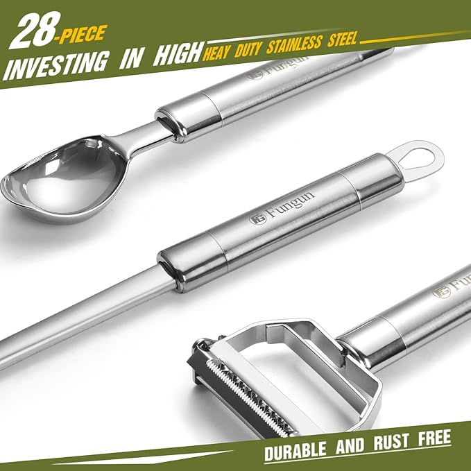 Stainless Steel Kitchen Utensil Set- Fungun 28 Pcs Cooking Nonstick Cookware Set with Spatula - Best Gadgets Tools Kitchen Accessories - Image 3