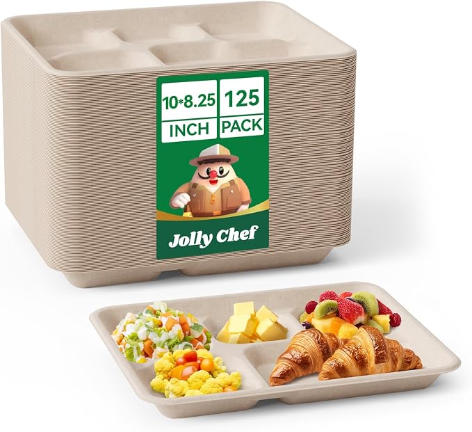 Compostable 5 Compartment 10*8.25*1 Inch 125 Pack Heavy Duty Paper Plates | Small Divided Disposable Plates White Eco-Friendly Biodegradable Food Trays for School Lunch Dinner by JOLLYCHEF