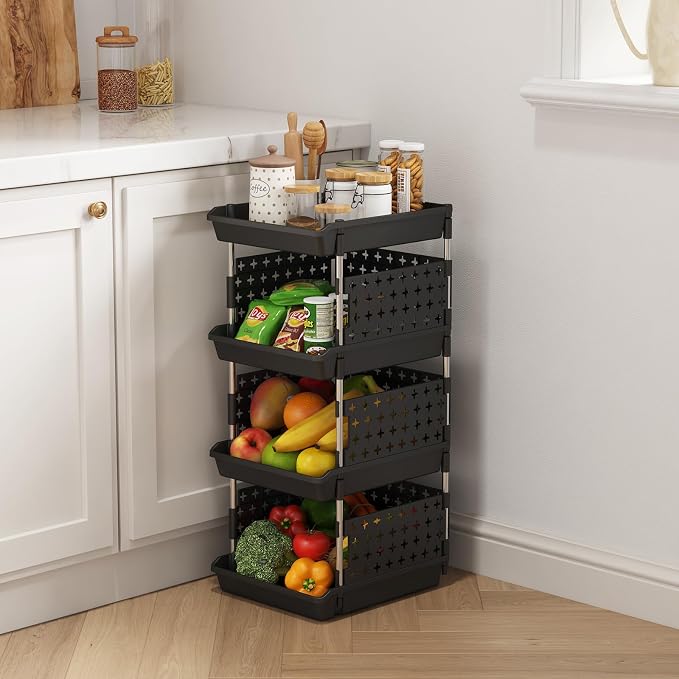 Lifewit 4 Tier Plastic Stackable Storage Baskets for Clothes 1 Pack, Black - Image 2