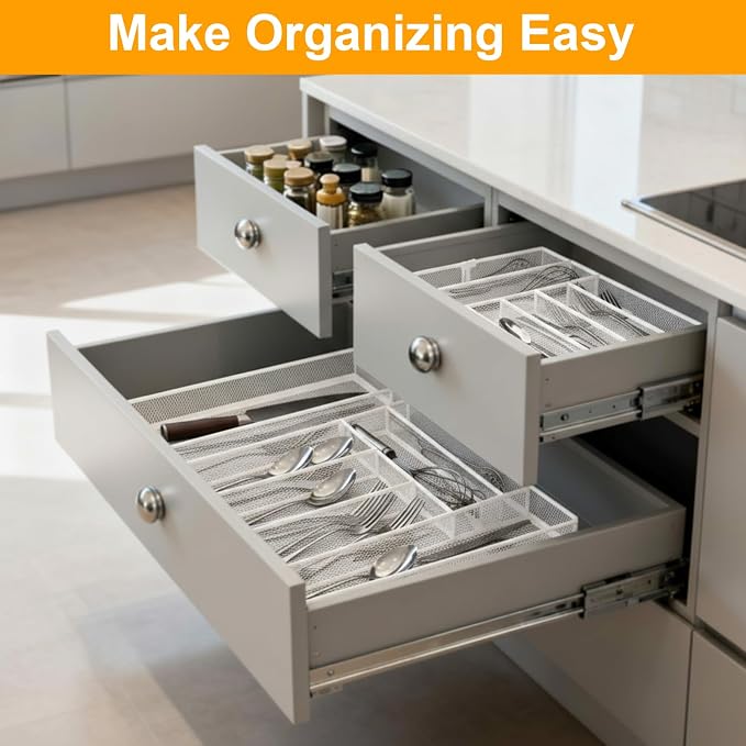 2 Pcs Utensil Drawer Silverware Organizer, Metal Mesh Expandable 13" 24" Kitchen Drawer Organizer, 7-9 Slots Cutlery Tray Dividers for Kitchen Flatware Christmas Housewarming Gift (White) - Image 5