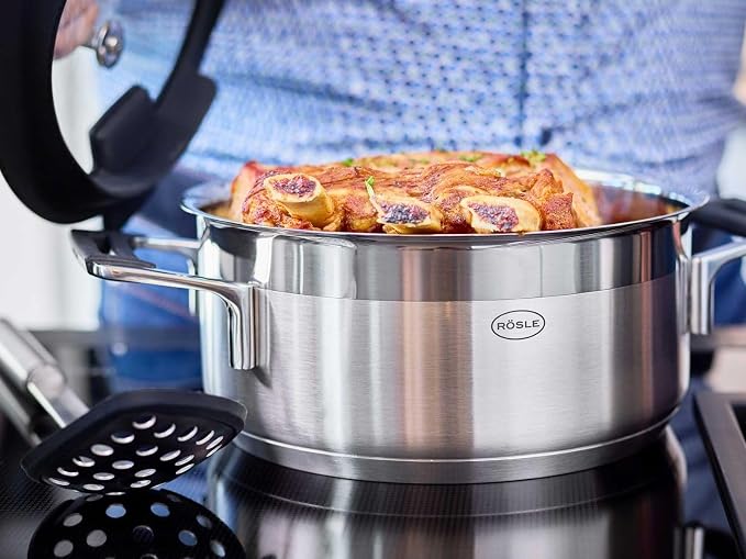 RÖSLE Silence Pro Stewing Pan, High-Quality Universal Pot Made of 18/10 Stainless Steel, 20 cm, Glass Lid, Inner Scale, Suitable for Induction Cookers, Dishwasher Safe, Silver/Black - Image 4
