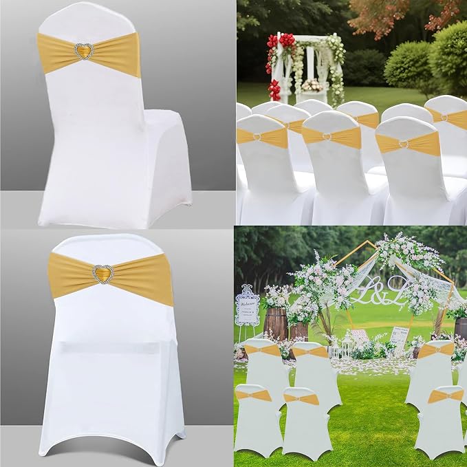 Gold Chair Sashes for Wedding 25 Pack Spandex Gold Sashes for Chairs Covers Stretch Chair Sashes Band with Heart Buckle Slider for Banquet Party Decorations - Image 5