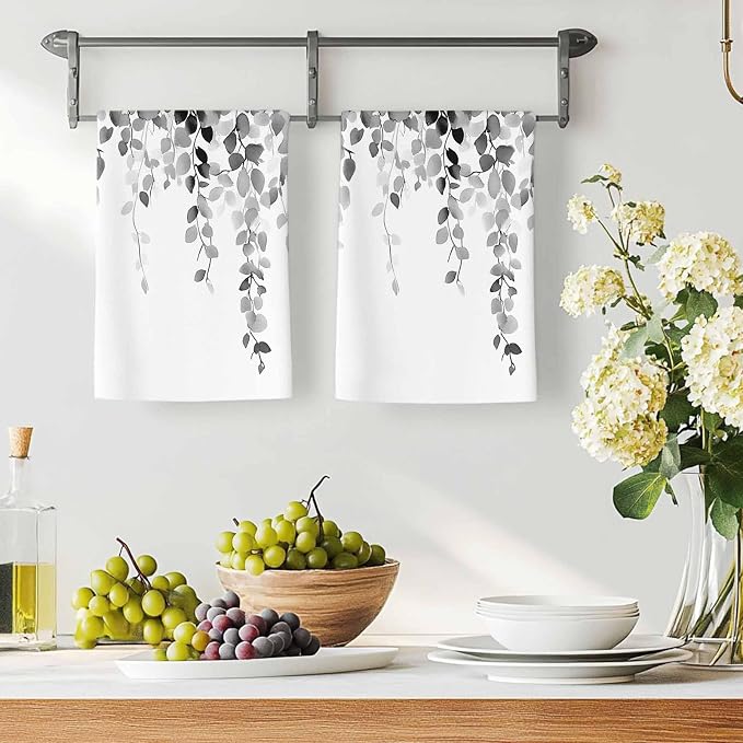 Gray Eucalyptus Kitchen Towels Set of 1, Absorbent Dish Towels for Kitchen, Spring Botanical Plants Weeping Flowers Microfiber Hand Towel, Quick Drying Tea Towel for Cleaning Decorative Dishcloths - Image 3