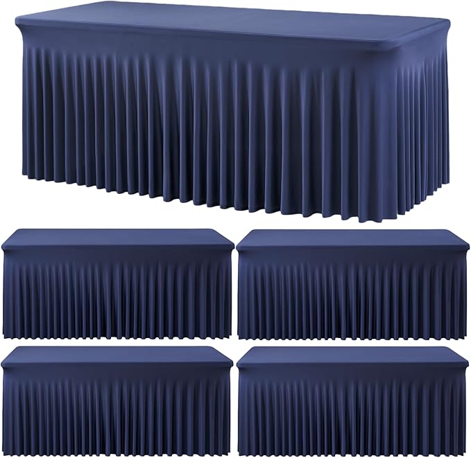 Spandex Tablecloth 8FT Rectangle Table Cover 4 Pcs Navy Blue Wrinkle-Free by Outpain