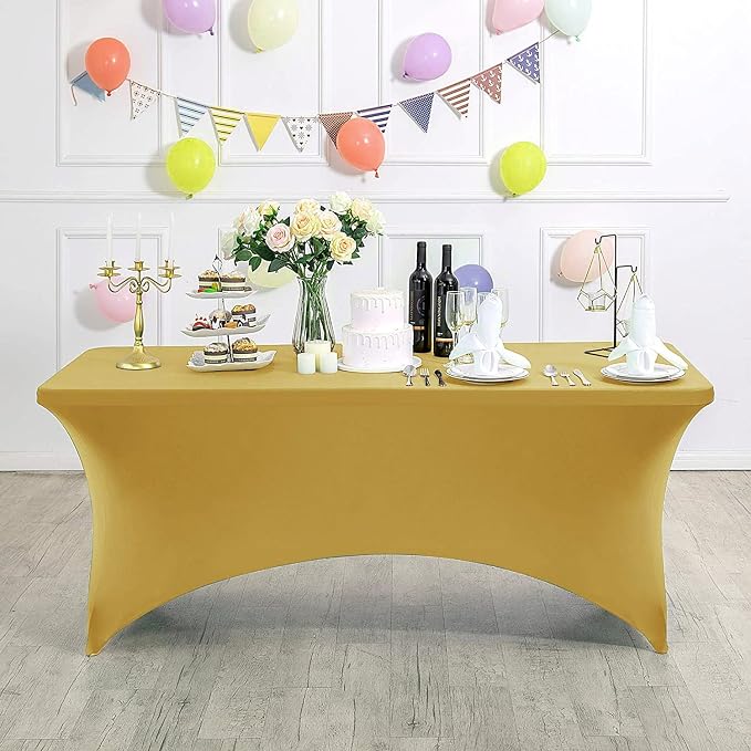 MDS® Pack of 12 Spandex Tablecloth 8FT Tight Fitted Stretch Table Cover – Washable Wrinkle-Free Reusable Elastic Patio Tablecloth for Wedding, Party, Banquet, Trade Show, Event Décor - Gold - Image 3
