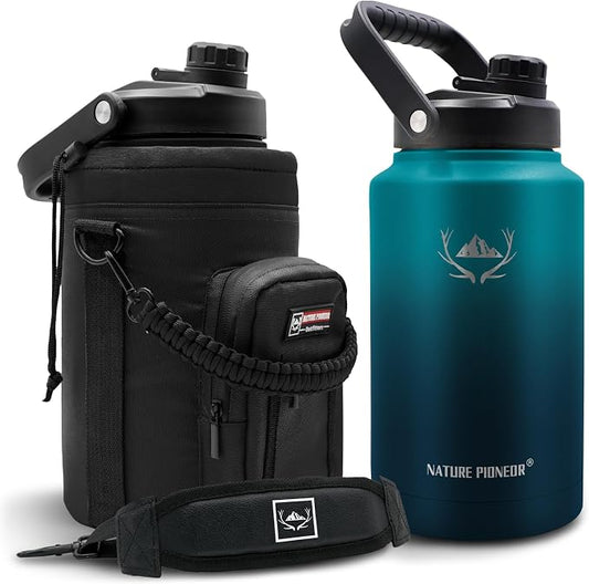 NATURE PIONEOR 1 Gallon (128oz) Insulated Water Bottle Jug with Carrier Bag | 18/8 Food-grade Stainless Steel, Double Vacuum Insulation, Wide-Mouth, Straw & Spout Lid, Strap, Camping, Hiking, Gym, Work by NATUREPIONEOR