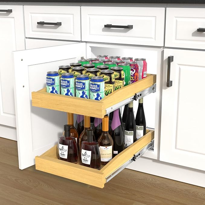 2 Tier Pull Out Cabinet Organizer, 17"W x 21"D Solid Wood Heavy-Duty Base Bottom Assembly Slide out Drawer Shel Cabinet Organization for Kitchen, Pantry, Bathroom - Image 8