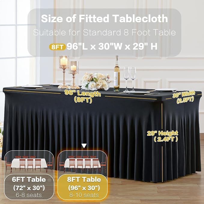 gogoparti 2 Pack Spandex Black Fitted Table Cloth for 8ft Rectangle Tables Black Stretch Tablecloth Table Covers Skirt Banquet Wrinkle Free Tablecloths for Parties Wedding - Image 5