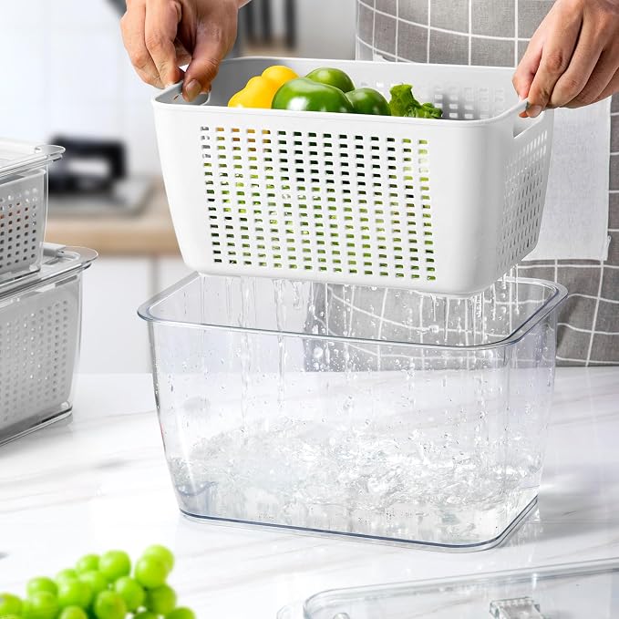 LUXEAR Fresh Container, 3PACK Produce Saver Container BPA Free Fridge Organizer for Vegetable Fruit and Salad Partitioned Food Storage Container with Vents Stay Fresh Containers Not Dishwashers Safe | BPA Free with Removable Colanders Leak-proof Fridge... - Image 3