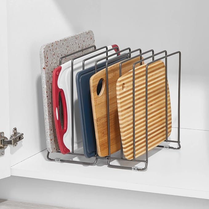 mDesign Large Metal Wire Organizer Rack for Kitchen Cabinet, Pantry, Shelves - Holder with 8 Slots for Baking Sheets, Skillets, Frying Pans, Pots, Lids, Cutting Boards, Appliances - Dark Gray - Image 2