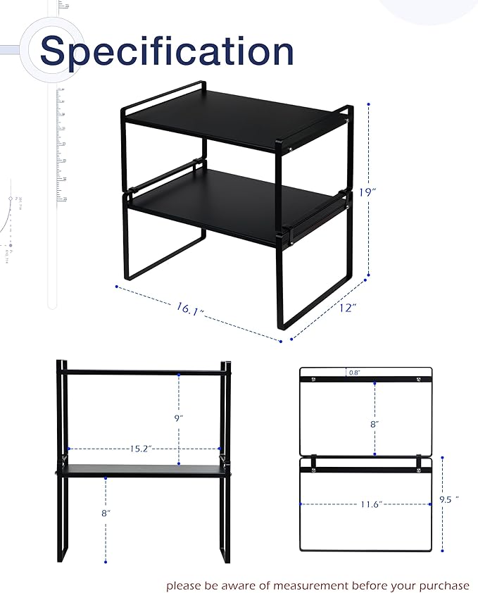 Nxconsu Stackable Cabinet Shelf Organizer 2 Pack, Wide Tall Black | Heavy-Duty 3mm Steel Stackable 2-Tier Shelf, Holds 50 lb, for Kitchen Cabinet Pantry Cupboard Counter Bathroom Under Sink - Image 3