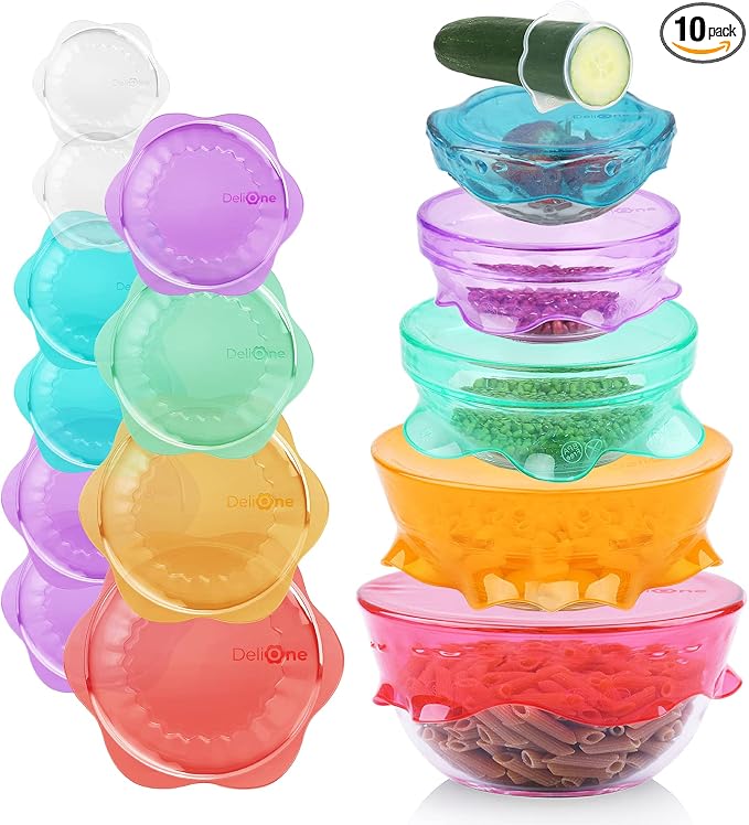 DeliOne Silicone Stretch Lids for Kitchen Food Storage – Durable, Reusable + Expandable Bowl Covers for Cup or Square Containers, Freezer, Microwave, and Dishwasher Safe, 10-Pack, Color by DeliOne