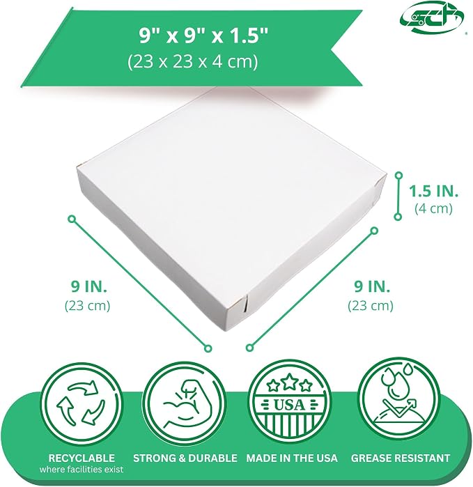 SCT 1405 Clay Coated Kraft Paperboard White Pizza Box, 9" Length x 9" Width x 1-1/2" Height (Case of 100) - Image 2