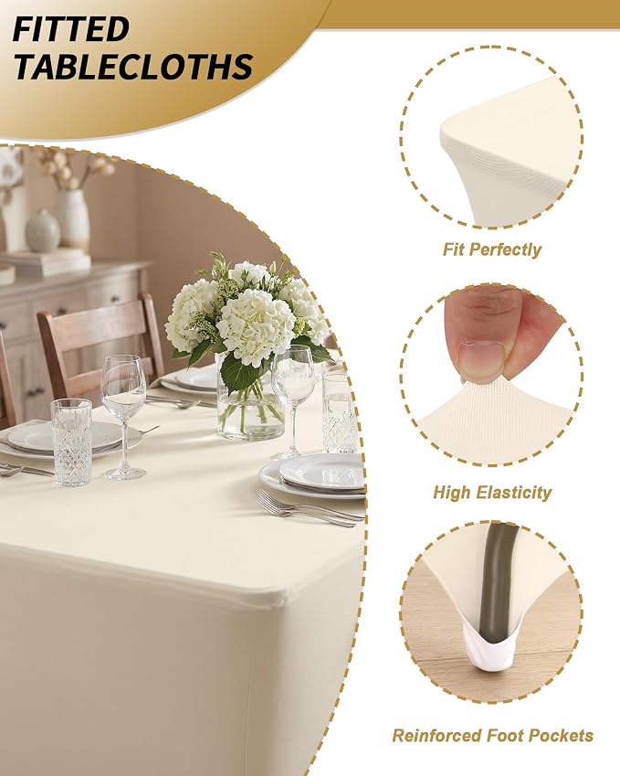 Fixwal 3 Pack 6FT Ivory Tablecloth Rectangle Spandex Fitted Table Cover - Image 4