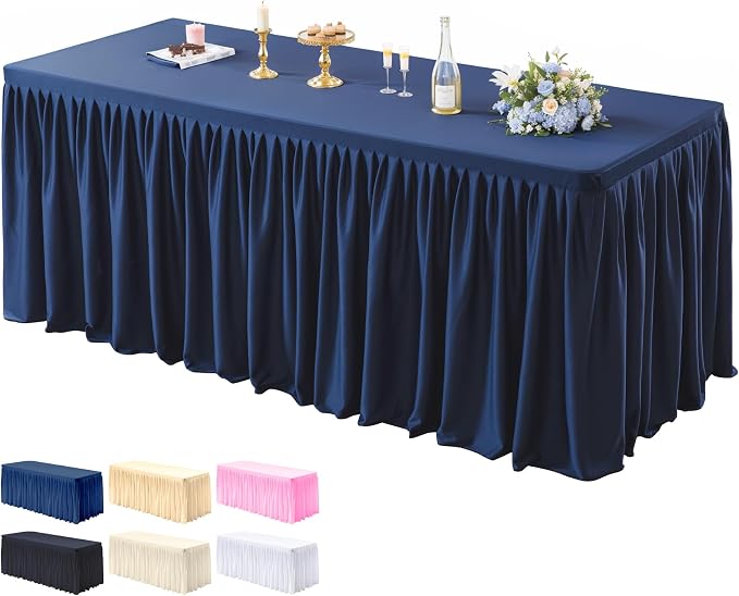 1 Pack Navy Blue Tablecloths for Rectangle Tables 4ft, Wrinkle Resistant Navy Blue Tablecover Fitted Stretch Table Cloth with Pleated Ruffle Table Skirts for Party Banquet Dining Birthday Wedding by Partisky