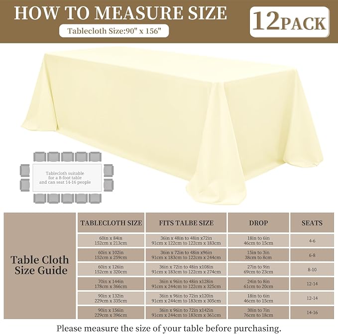 12 Pack Beige Tablecloth for Rectangle Table 90 x 156 Inch - Image 3