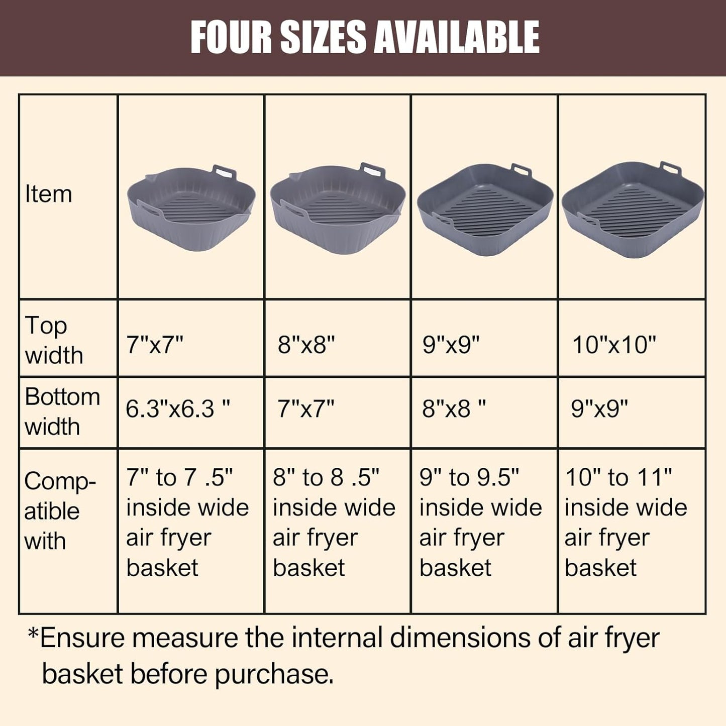 Silicone Liners Square for Air Fryer, 4 Pcs Non-stick Food-grade Reusable Basket Silicone Pot Baking Tray Airfryer Accessories, Top Size 9 inches, Bottom Size 8 inches