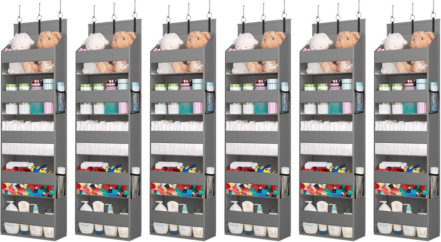 Lifewit 6 Packs Over the Door Organizer, 5 Shelf Clear Window Hanging Storage with 4 Mesh Side Pockets, Anti Tilt 40 lbs Load Behind Door for Pantry, Nursery, Bathroom, Bedroom, Kitchen, Dorm, Grey