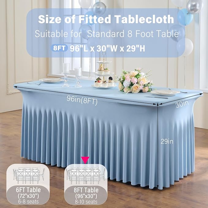 6 Pack Dusty Blue Spandex Table Clothes for 8 Foot Rectangle Tables, Wrinkle Free Fitted Table Cover 8ft Stretch Tablecloths Desk Skirt for Parties Weddings Birthday Banquet Baby Shower - Image 6