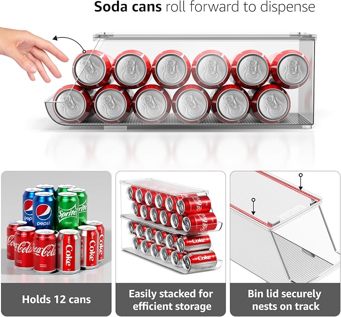 Sorbus Soda Can Organizer for Fridge & Freezer, Stackable with Lid (2 Pack) | Clear dispenser holds 12 cans for refrigerator and pantry organization; secure lids and BPA-free construction. - Image 6