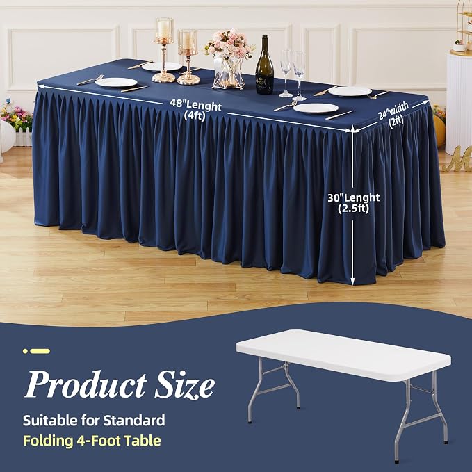 1 Pack Navy Blue Tablecloths for Rectangle Tables 4ft, Wrinkle Resistant Navy Blue Tablecover Fitted Stretch Table Cloth with Pleated Ruffle Table Skirts for Party Banquet Dining Birthday Wedding - Image 2