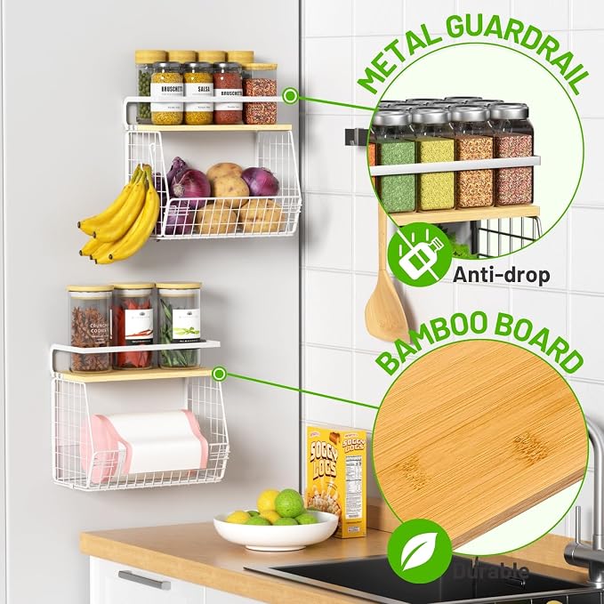Ofiray-home Magnetic Shelf for Fridge with Wood Lid, Fruit Potato and Onion Storage Bins, Pantry Organizers & Storage, Large Container Magnetic Spice Rack for Refrigerator, Kitchen Counter (White, 2) - Image 2