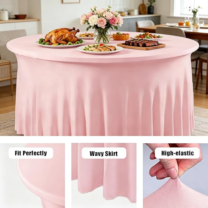 10 Pack Pink Spandex Round Tablecloths for 60inch Tables, 120 Inch Stretchy 5ft Round Fitted Tablecloth Wrinkle Free Washable Table Cloths Table Covers with Skirt for Wedding Party Birthday Banquet - Image 4