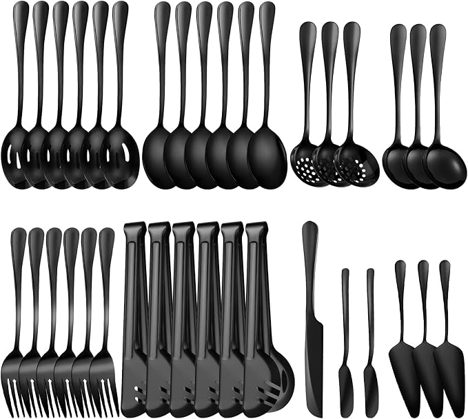 36-Piece Stainless Steel Serving Utensil Set – Complete Buffet Essentials with Spoons, Forks, Tongs, Ladle & More. Perfect for Wedding, Holiday, Catering, and Family Gatherings (Black) by Unknown
