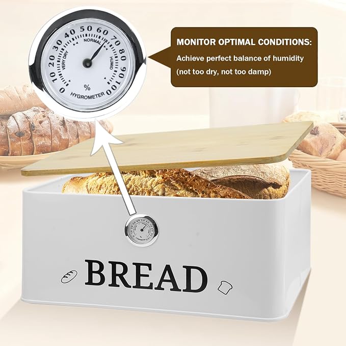 White Bread Box for Kitchen Countertop, Bamboo Lid with Hygrometer - Image 4