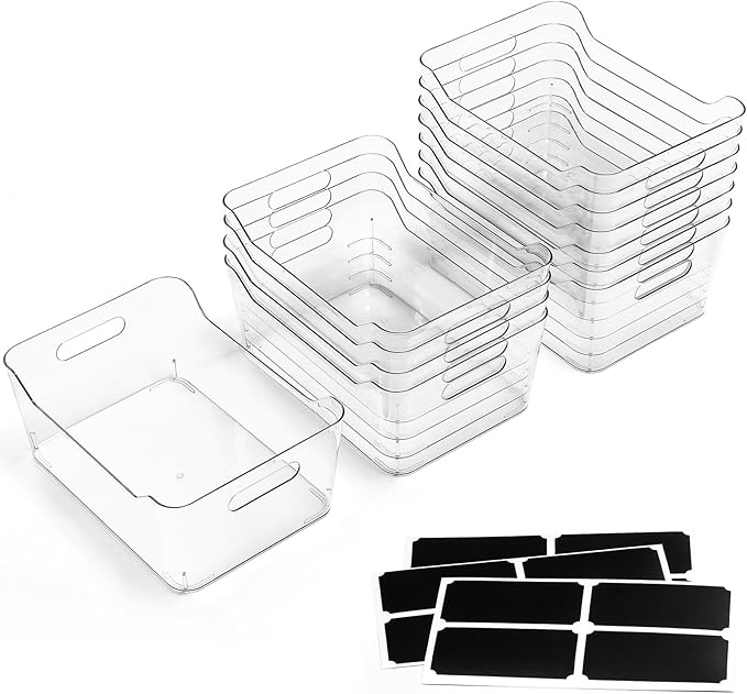 12 PACK Multi-Use Clear Plastic Storage Bins for Organizing w/ Labels - Home, Kitchen, Pantry, Bathroom, Office, Cabinet Shelf Organizer Bins - SOHO Collection, RV, Fridge Organization Containers -XXL - Image 2