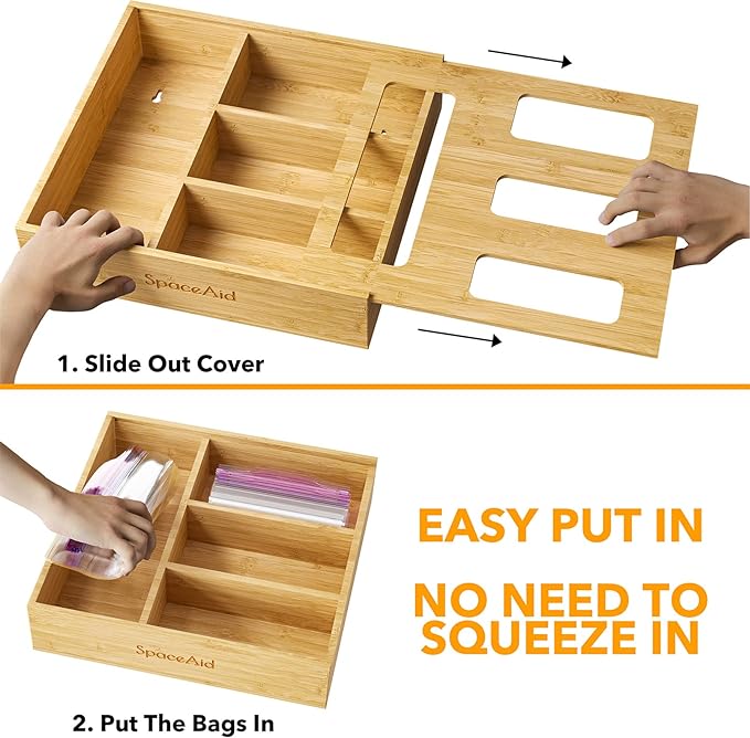 SpaceAid Bamboo Silverware Drawer Organizer with Labels (Natural, 6 Slots) Bag Storage Organizer - Image 7