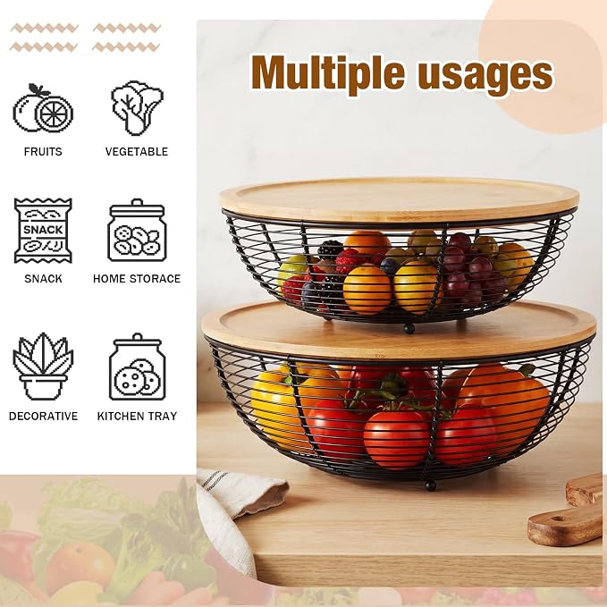 2 Set Stackable Fruit Basket with Bamboo Lid 11.5 &10.5 Inch Black Metal Wire Large Fruit Bowl for Kitchen Counter Pantry Organizer and Storage for Veggie, Snacks - Image 5